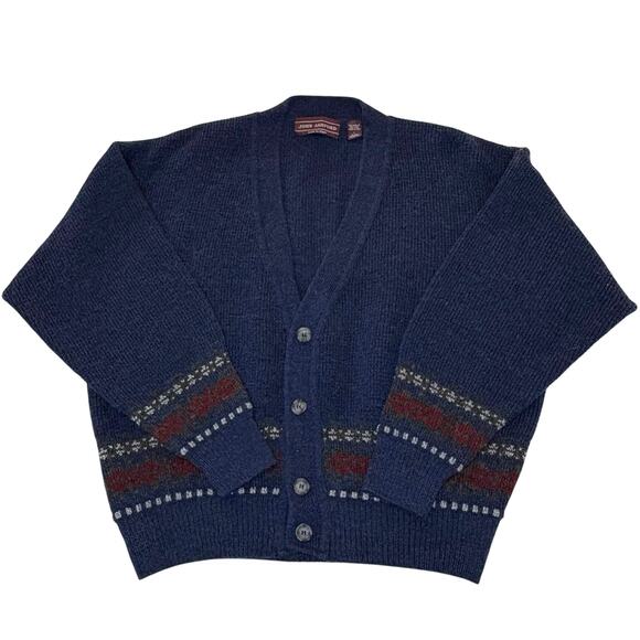 Vintage 90s John Ashford Italian Knit Cardigan Sweater Women’s L Blue Fair Isle - Picture 1 of 8
